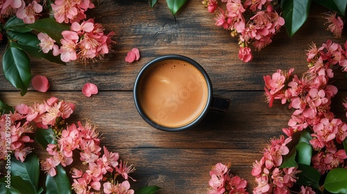 Coffee cup surrounded by pink flowers on a wooden table in a cozy atmosphere