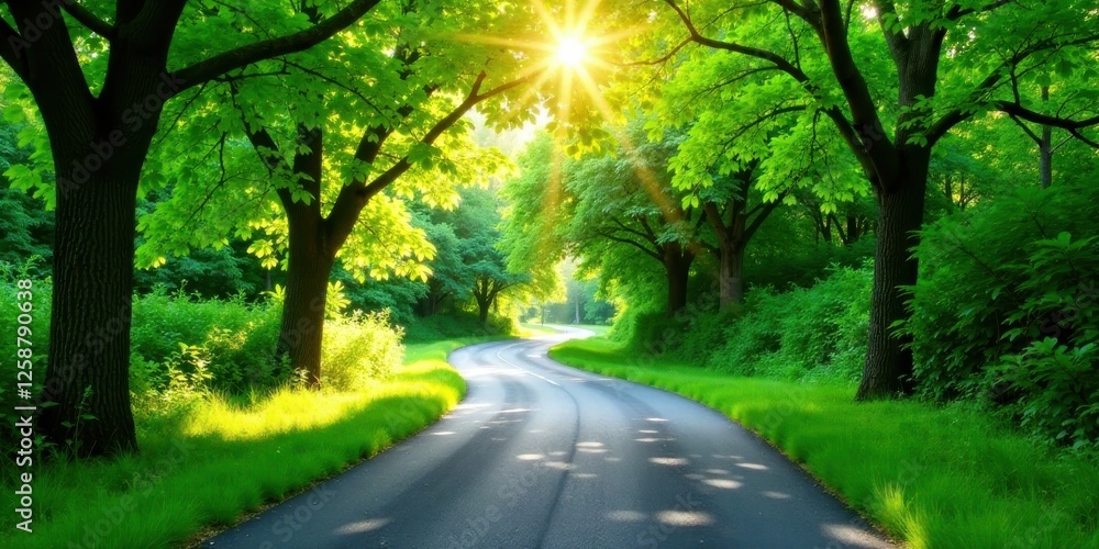 Obraz premium Sunlit Winding Road Through Lush Green Canopy of Trees on a Summer Day