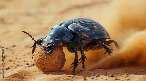 Desert beetle rolls dung ball across sandy terrain during midday sun