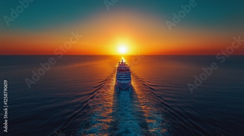 Cruise ship sailing into vibrant sunset over calm ocean waters