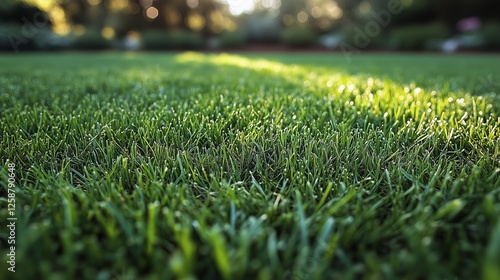 Lush green grass under sunlight in a serene garden setting