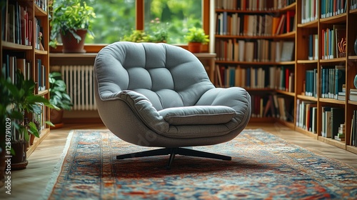 Comfortable chair in a cozy library with ample natural light and bookshelves