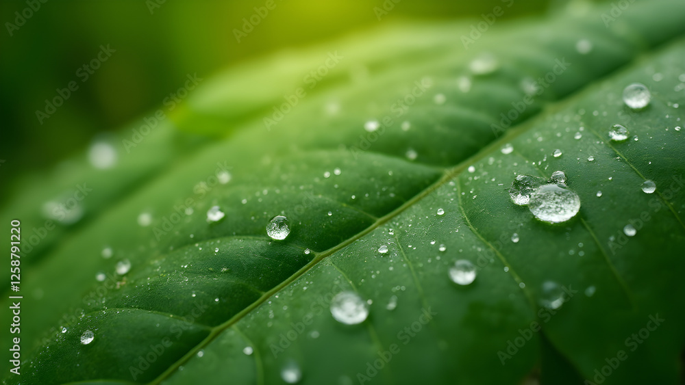 Green leaf close-up with dew drops. Climate change visual representation. Abstract sustainability concepts. Nature's beauty and environmental protection. Green leaf close-up with dew drops. Climate change visual representation. Abstract sustainability concepts. Nature's beauty and environmental protection.