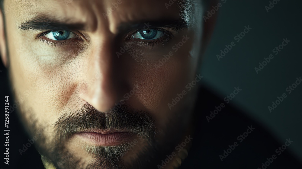 A man with a beard and intense blue eyes looks directly at the viewer, showcasing a serious expression. Soft lighting enhances the features, creating a dramatic portrait A man with a beard and intense blue eyes looks directly at the viewer, showcasing a serious expression. Soft lighting enhances the features, creating a dramatic portrait