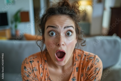 Excited woman expressing surprise while sitting on a couch in a cozy living room