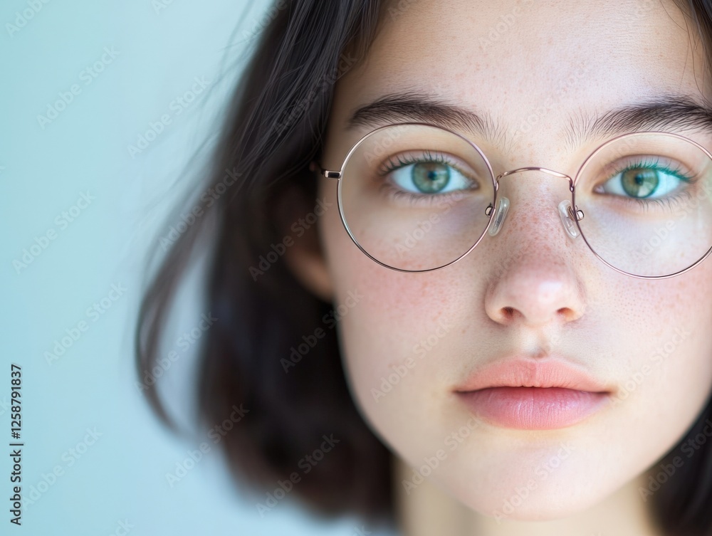 woman with freckles wearing round glasses. woman with freckles wearing round glasses.