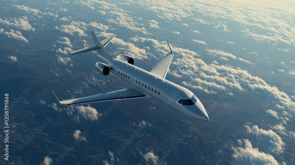 Fototapeta premium A private jet glides effortlessly above fluffy clouds in a clear blue sky. The aircraft reflects modern design and luxury, emphasizing exclusive travel experiences from above