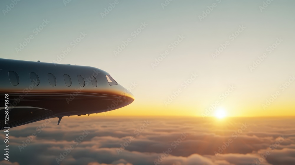 A close-up of a jet's wing as the sun sets on the horizon, casting a warm glow over soft clouds. The peaceful ambiance suggests a serene flight experience A close-up of a jet's wing as the sun sets on the horizon, casting a warm glow over soft clouds. The peaceful ambiance suggests a serene flight experience