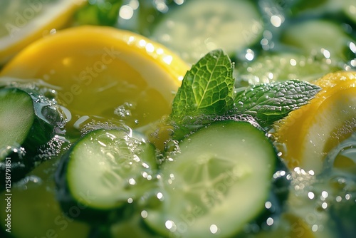 Refreshing drink with cucumber and lemon slices garnished with mint in sparkl...