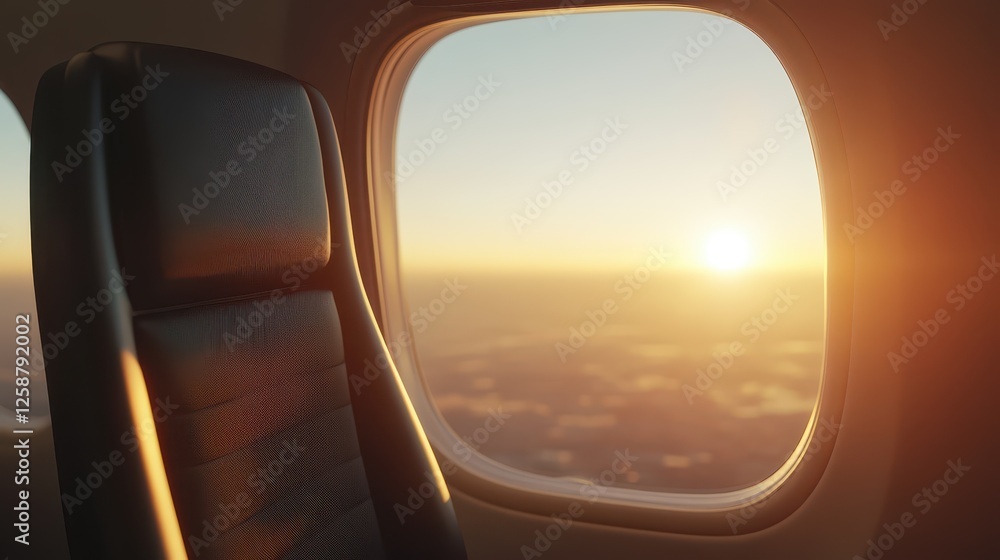 Fototapeta premium A tranquil morning unfolds as a vibrant sunrise fills the sky, viewed through an airplane window. The empty seat beside offers a sense of solitude and adventure