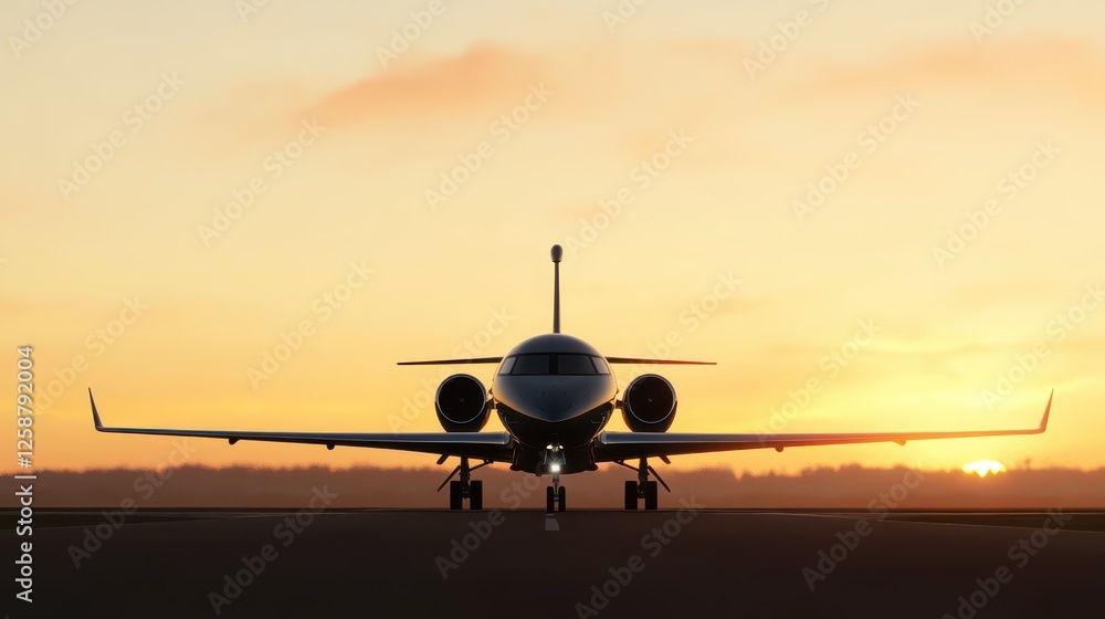 A sleek jet stands on the runway during sunset, showcasing its silhouette against a colorful sky. The atmosphere is filled with anticipation as night approaches A sleek jet stands on the runway during sunset, showcasing its silhouette against a colorful sky. The atmosphere is filled with anticipation as night approaches