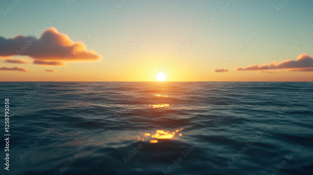 Fototapeta premium A breathtaking sunset unfolds over serene ocean waters, illuminating the sky with warm hues. Gentle waves reflect the golden light, creating a tranquil atmosphere