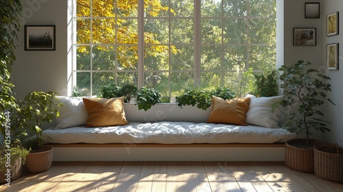 Cozy reading nook by a large window with autumn foliage and indoor plants