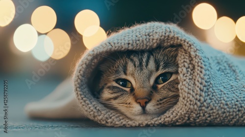 Fototapeta Naklejka Na Ścianę i Meble -  A striped cat lays comfortably wrapped in a soft blanket, gazing serenely at the camera. Warm glowing lights create a tranquil atmosphere in the cozy indoor space