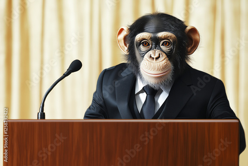 Portrait of a chimpanzee in a formal suit behind a podium