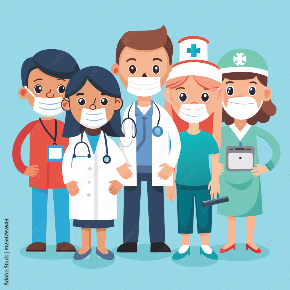 Set of smiling doctors, nurses and paramedics. Portraits of male and female medic workers in uniform with stethoscopes, masks and gloves. Flat cartoon vector illustration isolated on white background Set of smiling doctors, nurses and paramedics. Portraits of male and female medic workers in uniform with stethoscopes, masks and gloves. Flat cartoon vector illustration isolated on white background