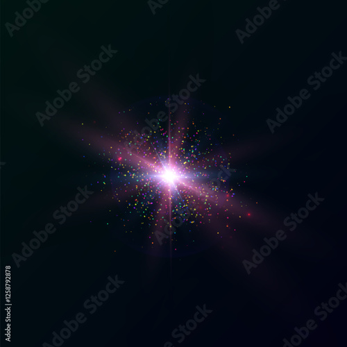 Light effect of multicolored glowing light. Solar flare. Starbursts with twinkling highlights. Beautiful light effect of flickering highlights. Vector 10 EPS