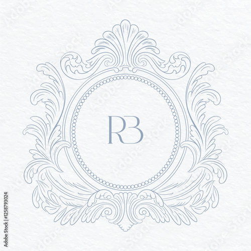 Vintage elegant wedding crest design. Arabesque with scrolls in Baroque style monogram. RB initial wedding monogram crest.