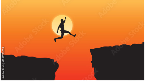 Men jump cliff sun light over silhouette, silhouette of success sunset