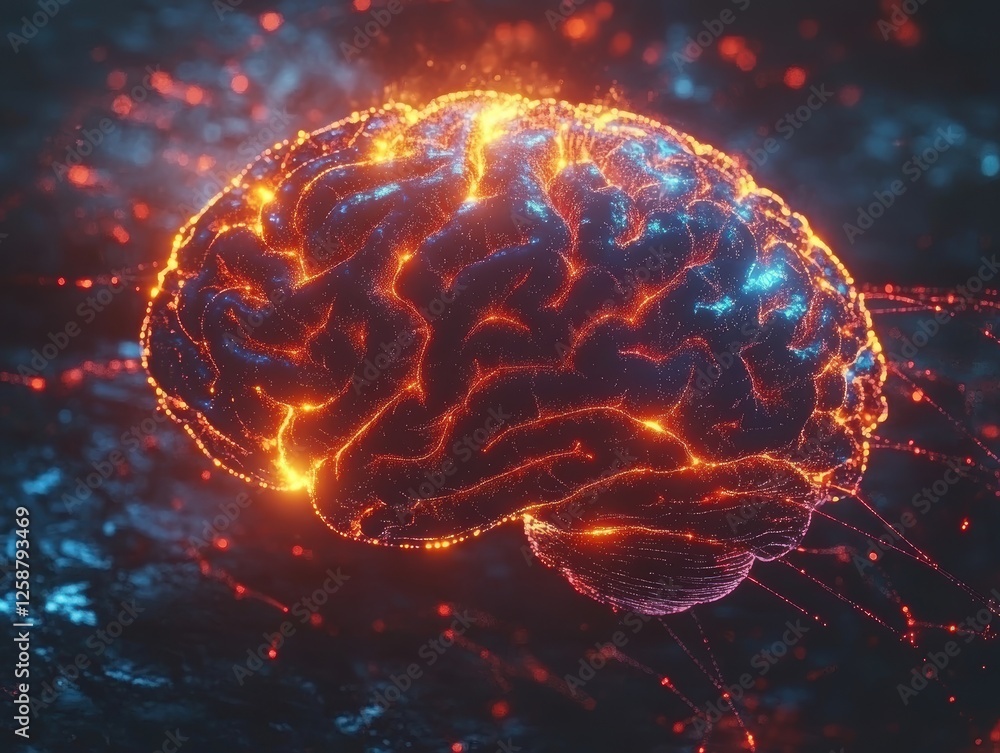 Obraz premium Glowing digital brain with neural connections and fiery energy.