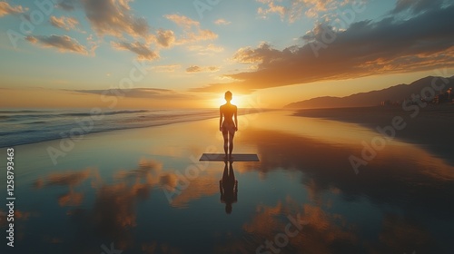 Yoga practice at sunset on a serene beach with reflections in the water