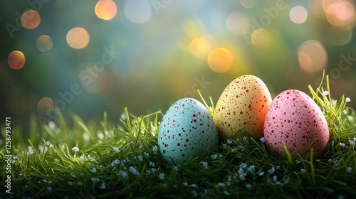 Colorful Easter eggs on green grass during a sunny spring afternoon