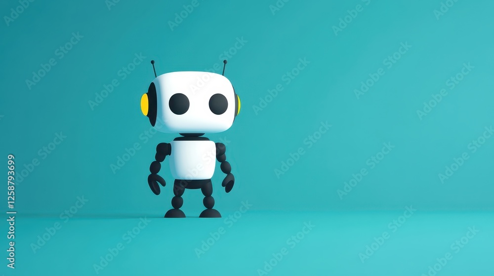 A cute robot character with a white body and black limbs poses on a bright turquoise background. Its yellow ear accents add a touch of whimsy to its friendly appearance A cute robot character with a white body and black limbs poses on a bright turquoise background. Its yellow ear accents add a touch of whimsy to its friendly appearance