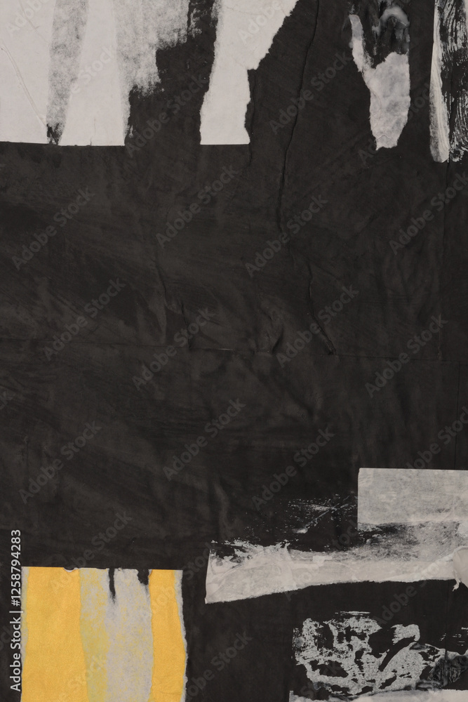 Fototapeta premium Torn, ripped paper pieces wave crack collage. Black and white grunge copy space texture stain background.