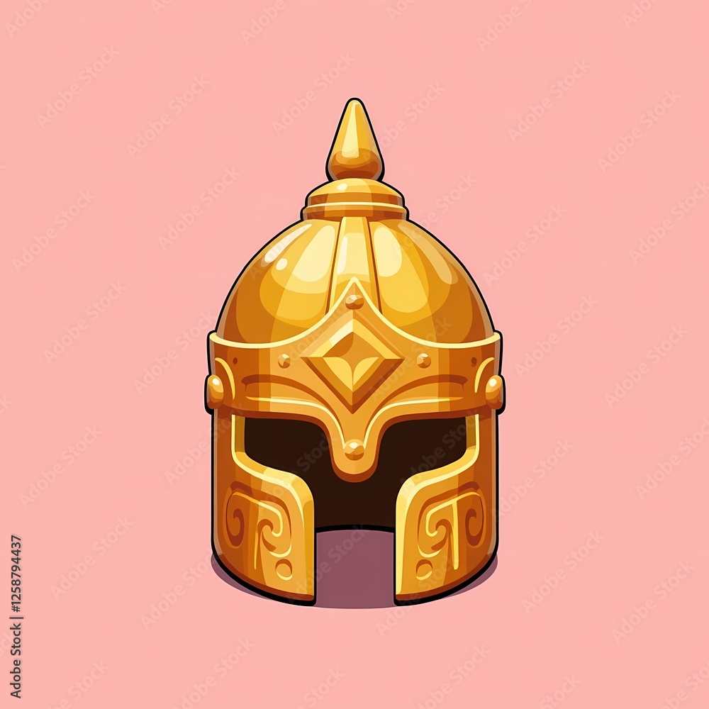 Fototapeta premium An ornate image of a gold helmet with intricate carvings. The background is a pastel pink color, adding depth and contrast.