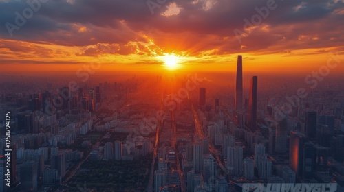 Sunset over a bustling city skyline with tall skyscrapers and vibrant clouds ...