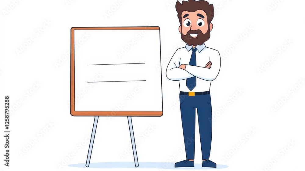 A man with a beard and a friendly smile stands with arms crossed next to a blank presentation board. He is dressed in formal attire, ready for a business presentation A man with a beard and a friendly smile stands with arms crossed next to a blank presentation board. He is dressed in formal attire, ready for a business presentation