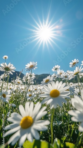 Bright daisies blooming in a sunny meadow under clear blue sky