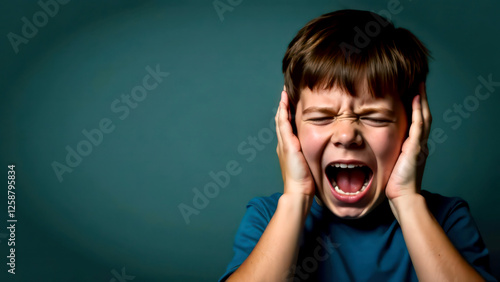 A portrait of a dark-haired boy screaming and covering his ears with both hands, on dark green background with empty space for text on the left, for banners, cards or messages