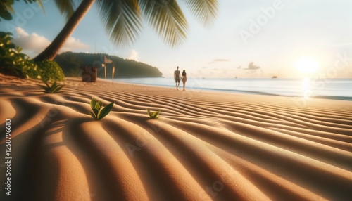 vacation on the beach by the sea, a couple in love, a man and a woman, on the seashore among tropical plants on a sunny day photo