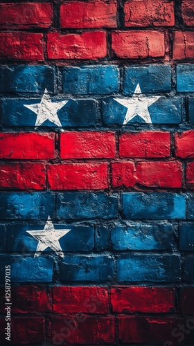 Vivid mural featuring red and blue brick pattern with white stars on a textur...