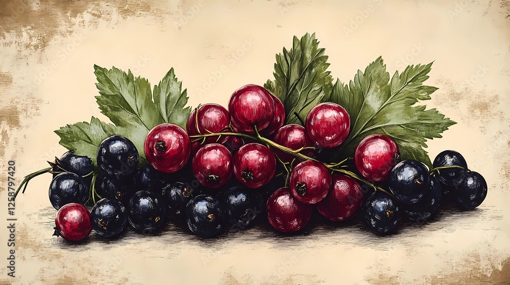 Hand-drawn currant berries illustration, ideal for food menus, product packaging, and culinary projects, in a vintage book style Hand-drawn currant berries illustration, ideal for food menus, product packaging, and culinary projects, in a vintage book style