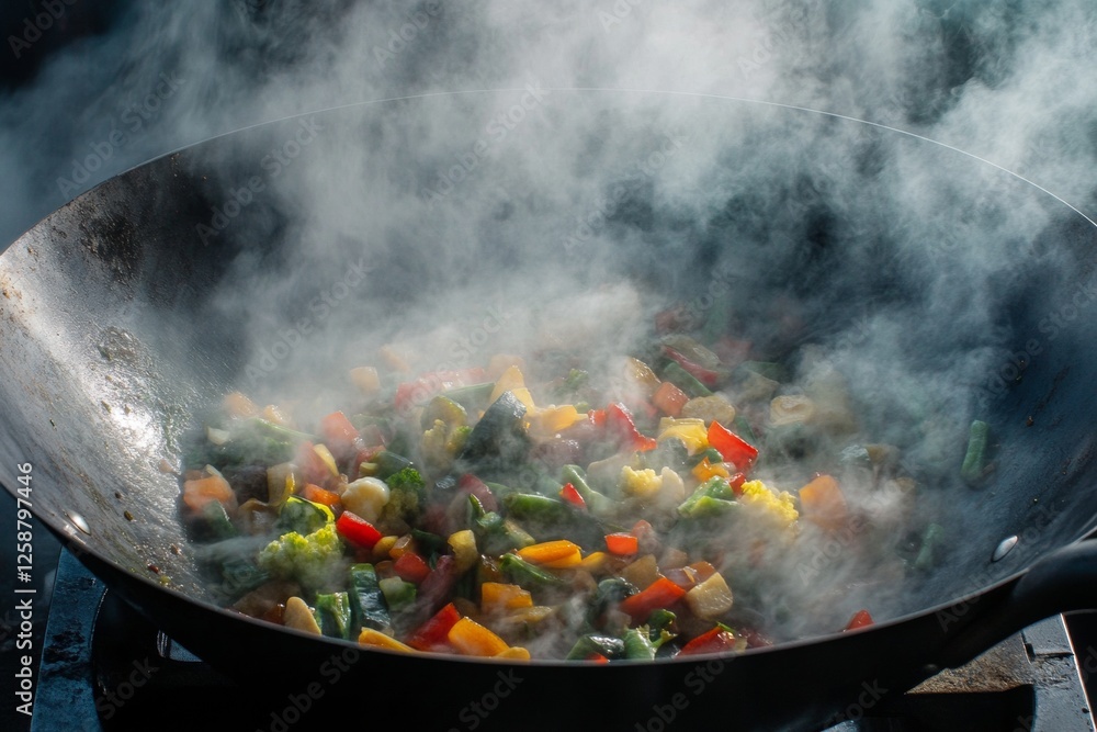 A colorful array of vegetables cooks in a heated wok, with steam billowing from the lively stir-fry. The vegetables include bell peppers, broccoli, and carrots, creating a delicious dish A colorful array of vegetables cooks in a heated wok, with steam billowing from the lively stir-fry. The vegetables include bell peppers, broccoli, and carrots, creating a delicious dish