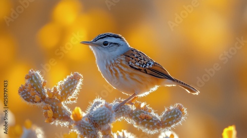 Colorful bird perched on a flowering plant during golden hour in a serene nat...