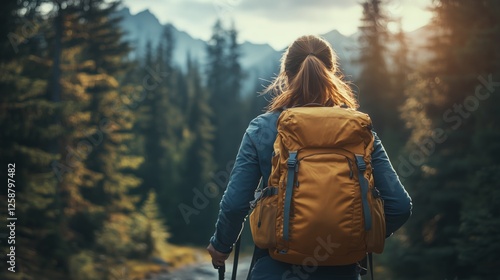 Hiker with backpack exploring forest trail in mountains during golden hour