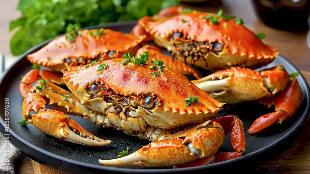 Crabs cooked with fresh herbs in a platter Crabs cooked with fresh herbs in a platter