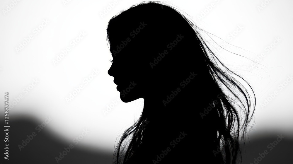 A woman stands with her profile in view, her long hair flowing gently. The background features a soft glow, highlighting the contours of her face at sunset A woman stands with her profile in view, her long hair flowing gently. The background features a soft glow, highlighting the contours of her face at sunset