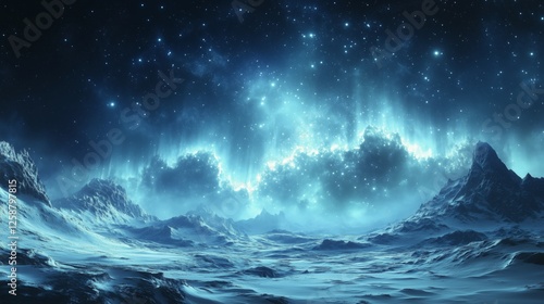 Majestic night sky and glowing auroras over a frozen landscape with mountains