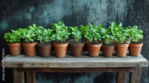 Vibrant herb garden in pots arranged neatly on wooden table