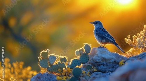 Bird perched on rock surrounded by cacti at sunset in desert landscape