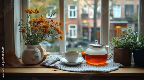 Cozy tea time by the window with flowers and greenery in a charming setting