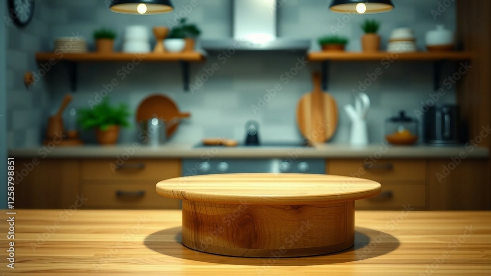 Blurred background of kitchen with round kitchen board or desk and space for you Wooden pedestal on Blurred background of kitchen with round kitchen board or desk and space for you Wooden pedestal on