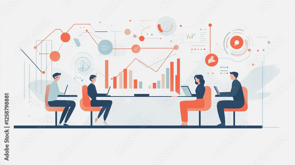 Professional business team working on a project together in the office Using innovation economic growth charts and network connections to accompany the data. in analyzing future trends Professional business team working on a project together in the office Using innovation economic growth charts and network connections to accompany the data. in analyzing future trends