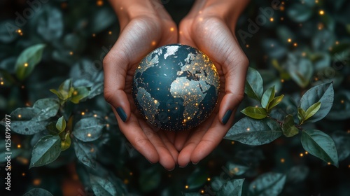 Holding a glowing earth surrounded by green plants in a serene environment at...