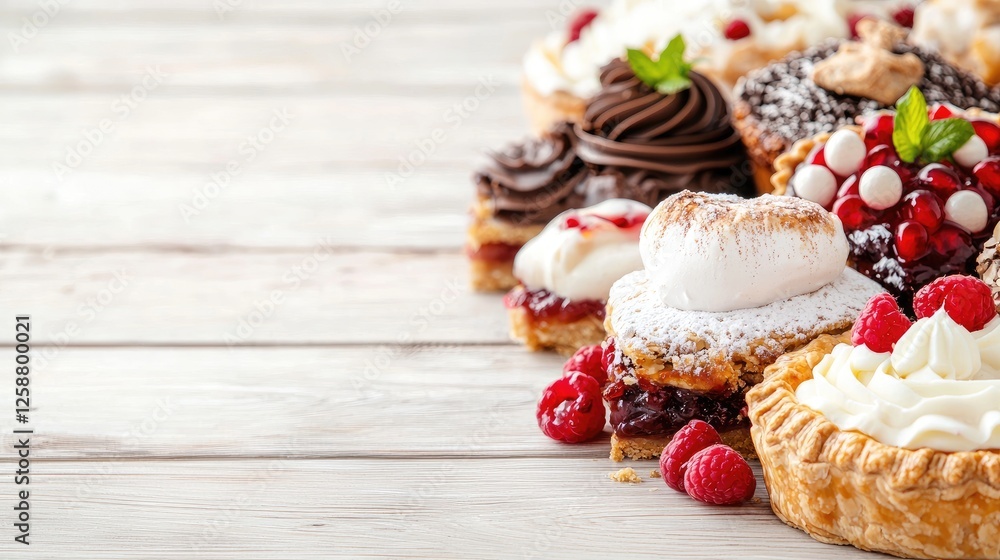 Delicious assorted mini pies, tarts & cakes on wood Delicious assorted mini pies, tarts & cakes on wood