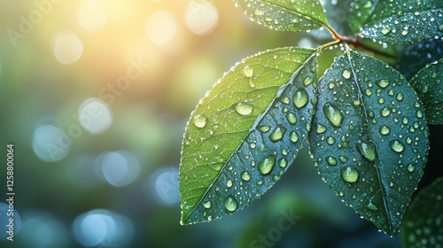 Close up of green leaves surrounded by sunlight and water droplets in a natur...